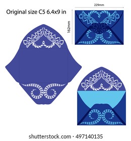 Laser Cutting template vector. Standard c5 size envelope. Wedding card mockup with swirly cutout flap. 
