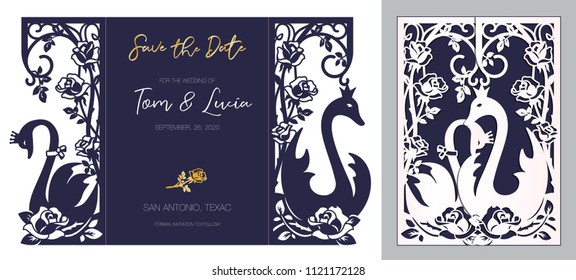 Laser cutting template wedding card. Swan couple in love in rose bush. Save the Date die cut greeting card. Lace vector illustration. Silhouette cutout design. Valentines invitation.
