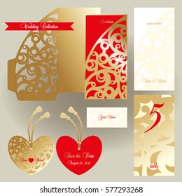 Laser cutting template for wedding design. Golden envelope with an openwork design, invitation, guest card, hanging labels.