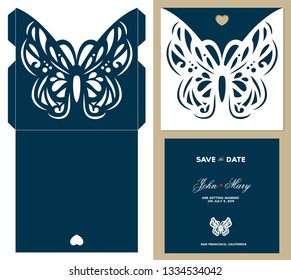 Laser cutting template. Wedding envelope and greeting card with fairy butterfly and heart for stationery. Openwork silhouette. Paper cutout. Vector illustration.