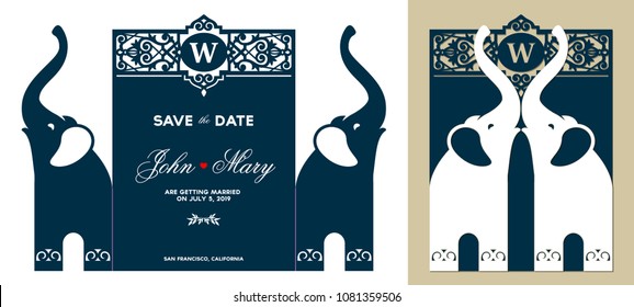 Laser cutting template. Wedding invitation with ethnic pattern. Gate fold card with elephant. Vector illustration. Paper cut out.