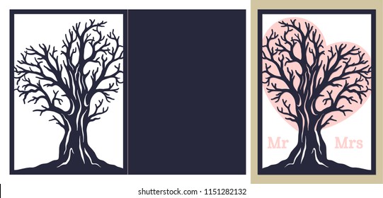 Laser cutting template. Wedding invitation or greeting card with oak tree. Paper lace envelope. Die cut Valentines day card. Vector illustration.