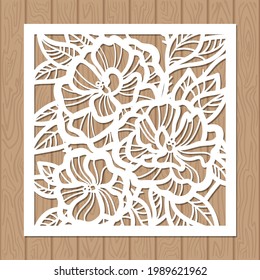 Plantilla de corte láser. Invitaciones de boda o tarjetas con adorno floral. Para cortar cualquier material. Para el diseño de detalles interiores, scrapbooking, compras, menú, etc. Vector