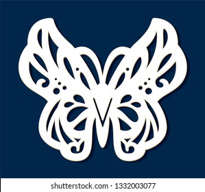 Laser cutting template. White butterfly isolated on background. Silhouette flying insect. Mockup guest wedding place card.  Wood carving design. Wine glass decoration tag. Die cut vector illustration