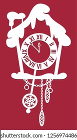 Laser cutting template. White cuckoo clock isolated on red background. Perfect for wall tattoos. Winter theme. Die cut new year silhouette. Christmas background with cuckoo clock. Vector illustration