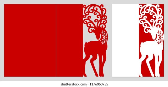 Laser cutting template. Winter greeting fold card with deer. Merry Christmas and New Year elegant winter reindeer decoration. Paper cutout. Die cut vector illustration.