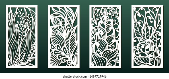 Laser Cutting Templates With Floral Pattern. Wood Or Metal  Cut, Stencil For Fretwork Or Carving, Paper Art. Vector Set, Panel Decor For Interior Design, Card Background Decoration Or Engraving.