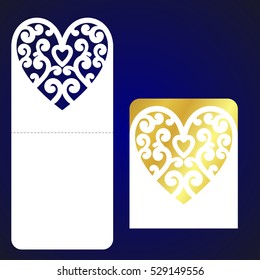 Laser cutting templates. Openwork heart with hand drawn ornament. Laser cutting template for wedding envelopes and invitations. Openwork lace templates for laser cutting, paper cut and wood carving.