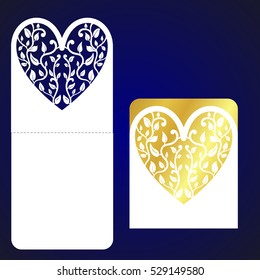Laser cutting templates. Openwork heart with hand drawn ornament. Laser cutting template for wedding envelopes and invitations. Openwork lace templates for laser cutting, paper cut and wood carving.