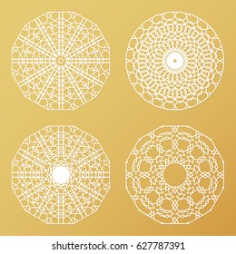 Laser cutting templates set. Die cut stencil. Lace round patterns, doilies, mandala. Ethnic decorative motifs. Vector panel for trivets, placemats, wood, metal cutout.