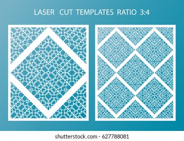 Laser cutting templates set. Die cut stencil. Vector panel for invitation, envelope, printing, greeting, business, wood, metal cutout. 3x4 ratio.
