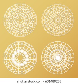 Laser cutting templates set. Die cut stencil. Lace round patterns, doilies, mandala. Ethnic decorative motifs. Vector panel for trivets, placemats, wood, metal cutout.
