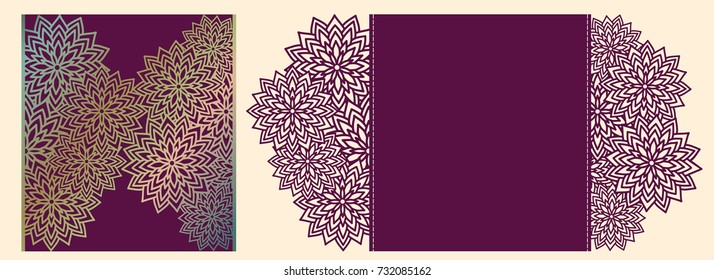 Laser cutting vector card. Laser cut Wedding invitation template. DIY cut paper card with ornamental flowers silhouette. Stock vector