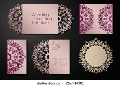 Laser cutting of a wedding envelope, greeting card, invitation. Radial ornament. Vector.