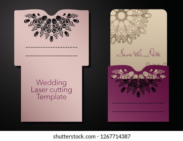 Laser cutting of a wedding envelope, greeting card, invitation. Radial ornament. Vector.