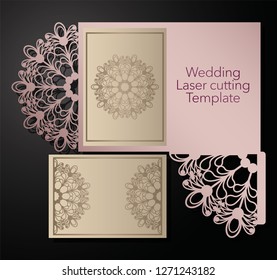 Laser cutting of a wedding envelope, greeting card, invitation. Radial ornament. Vector.