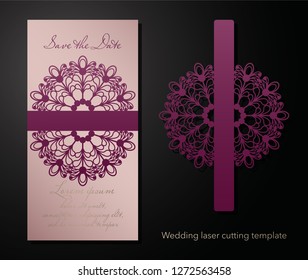 Laser cutting of a wedding envelope, greeting card, invitation. Radial ornament. Vector.