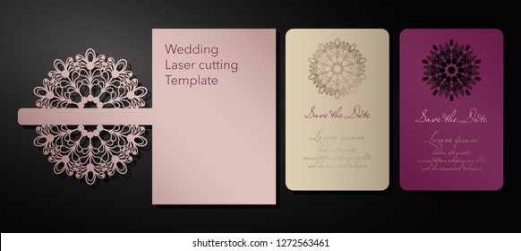 Laser cutting of a wedding envelope, greeting card, invitation. Radial ornament. Vector.