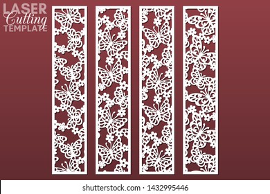 Laser and die cut decorative ornamental borders with pattern of butterflies and flowers. Set of bookmarks templates. Cabinet fretwork panel. Lasercut metal screen. Wood carving. Vector.