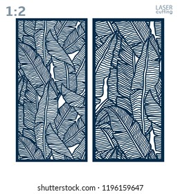 Laser and die cut ornamental panels template with pattern of banana leaves. Lazer cut card. Silhouette pattern. Cabinet fretwork panel. Lasercut metal panel. Wood carving.