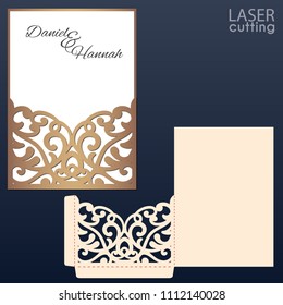 Laser and die cut pocket envelope template with lace pattern. Wedding invitation or greeting card with abstract ornament. Suitable for greeting cards, invitations, menus.