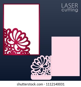 Laser and die cut pocket envelope template with lace pattern. Wedding invitation or greeting card with abstract ornament. Suitable for greeting cards, invitations, menus.