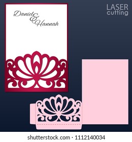 Laser and die cut pocket envelope template with lace pattern. Wedding invitation or greeting card with abstract ornament. Suitable for greeting cards, invitations, menus.
