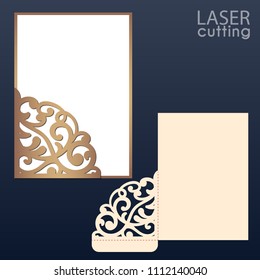 Laser and die cut pocket envelope template with lace pattern. Wedding invitation or greeting card with abstract ornament. Suitable for greeting cards, invitations, menus.