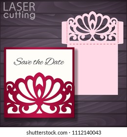 Laser and die cut pocket envelope template with lace pattern. Wedding invitation or greeting card with abstract ornament. Suitable for greeting cards, invitations, menus.