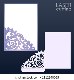 Laser and die cut pocket envelope template with lace pattern. Wedding invitation or greeting card with abstract ornament. Suitable for greeting cards, invitations, menus.