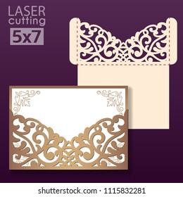 Laser and die cut pocket envelope template with lace pattern. Wedding invitation or greeting card with abstract ornament. Suitable for greeting cards, invitations, menus.