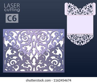 Laser and die cut pocket envelope template with patterned cap. Wedding card vector template, Invitation envelope.