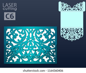 Laser and die cut pocket envelope template with patterned cap. Wedding card vector template, Invitation envelope.