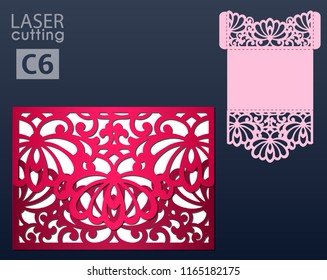 Laser and die cut pocket envelope template with patterned cap. Wedding card vector template, Invitation envelope.