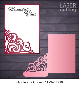Laser and die cut pocket envelope template with patterned corner. Wedding invitation or greeting card with abstract ornament. Suitable for greeting cards, invitations, menus.