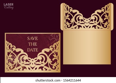 Plantilla de envolvente de bolsillo de corte láser y fundición con patrón de encaje. Invitación de boda o tarjeta de felicitación con adorno abstracto. Apropiado para tarjetas de felicitación, invitaciones, menús.