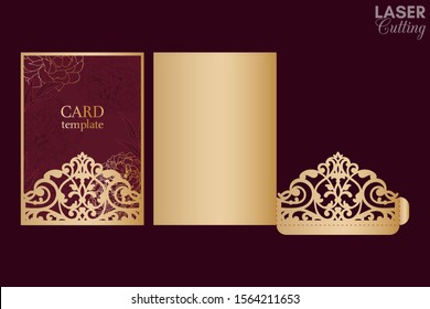 Laser and die cut pocket envelope template with lace pattern. Wedding invitation or greeting card with abstract ornament. Suitable for greeting cards, invitations, menus.