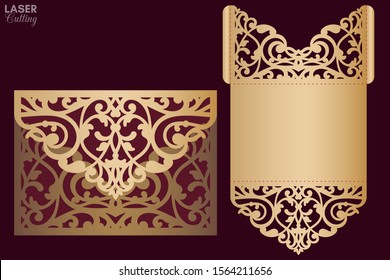 Laser and die cut pocket envelope template with lace pattern. Wedding invitation or greeting card with abstract ornament. Suitable for greeting cards, invitations, menus.