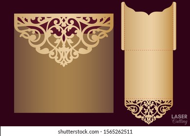 Laser and die cut pocket envelope template with lace pattern. Wedding invitation or greeting card with abstract ornament. Suitable for greeting cards, invitations, menus.