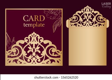Laser and die cut pocket envelope template with lace pattern. Wedding invitation or greeting card with abstract ornament. Suitable for greeting cards, invitations, menus.