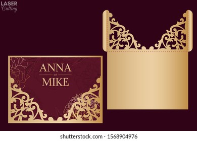 Laser and die cut pocket envelope template with lace pattern. Wedding invitation or greeting card with abstract ornament. Suitable for greeting cards, invitations, menus.