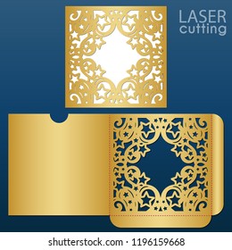 Laser die cut wedding card vector template with pattern of stars and swirls. Invitation envelope with lace frame. Wedding lace invitation mockup. Pocket envelope template.