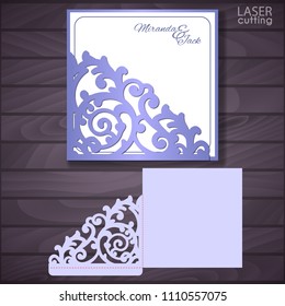 laser and Die cut wedding envelope with lace corner. Greeting card vector template. Wedding lace invitation mockup. Template for cutting. Die cut pocket envelope template.