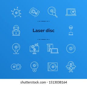 Laser disc icons. Set of line icons. Compact disc, hacker attack, checklist for settings. Software concept. Vector illustration can be used for topics like application, technology, computers