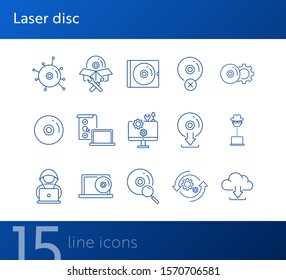 Laser disc icons. Set of line icons. Compact disc, hacker attack, checklist for settings. Software concept. Vector illustration can be used for topics like application, technology, computers