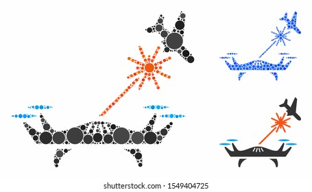 Laser drone strikes airplane mosaic of circle elements in various sizes and color tinges, based on laser drone strikes airplane icon. Vector circle elements are united into blue collage.