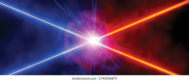 Laser effect background vs laser. Collision of blue and red lightning energy. Laser shocks and magic storm versus concept. Particle explosion for battle design. Release of abstract confrontation