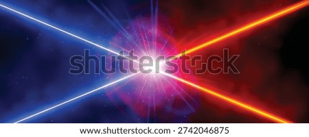 Laser effect background vs laser. Collision of blue and red lightning energy. Laser shocks and magic storm versus concept. Particle explosion for battle design. Release of abstract confrontation