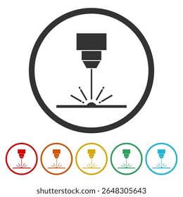 Laser engraving machine icon. Set icons in color circle buttons