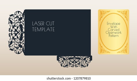 Laser envelope template, greeting card. Cutting floral, vegetable pattern of paper, cardboard. Frame with place for a festive text. Romantic style wedding printing. You can apply for birthday